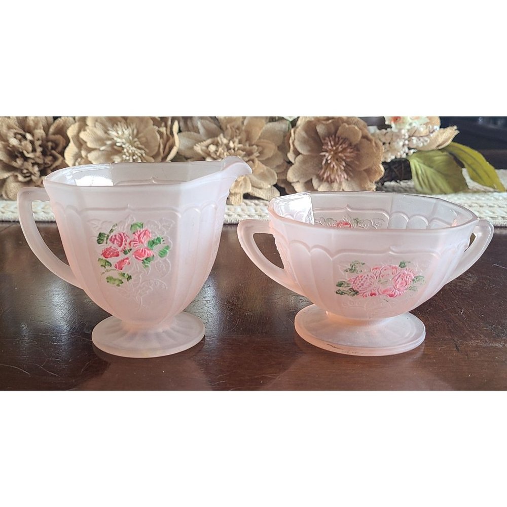 Depression era Mayfair pink satin glass cream sugar